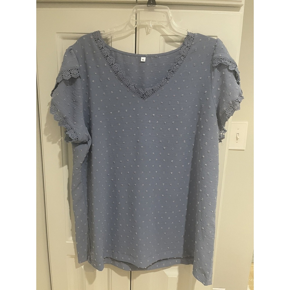 Womens Blue Short Sleeve Lace Trim Blouse Size XL Top Romantic